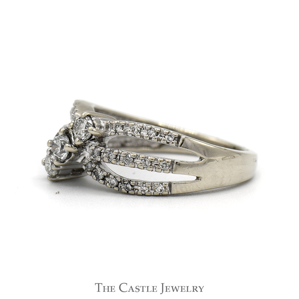Three Stone Diamond Ring with Open Split Shank Diamond Accented Sides in 14k White Gold