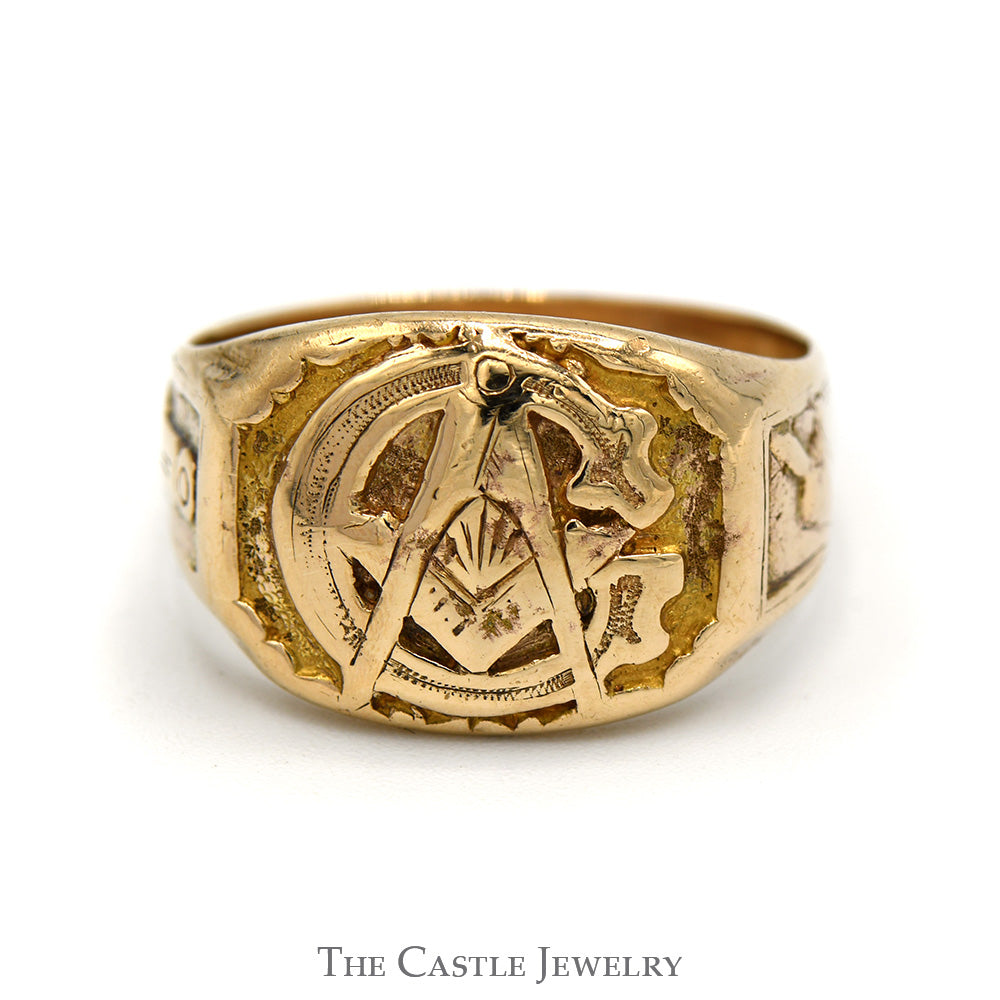 10k Yellow Gold Square & Compass Masonic Ring with Plumb & Trowel Side ...