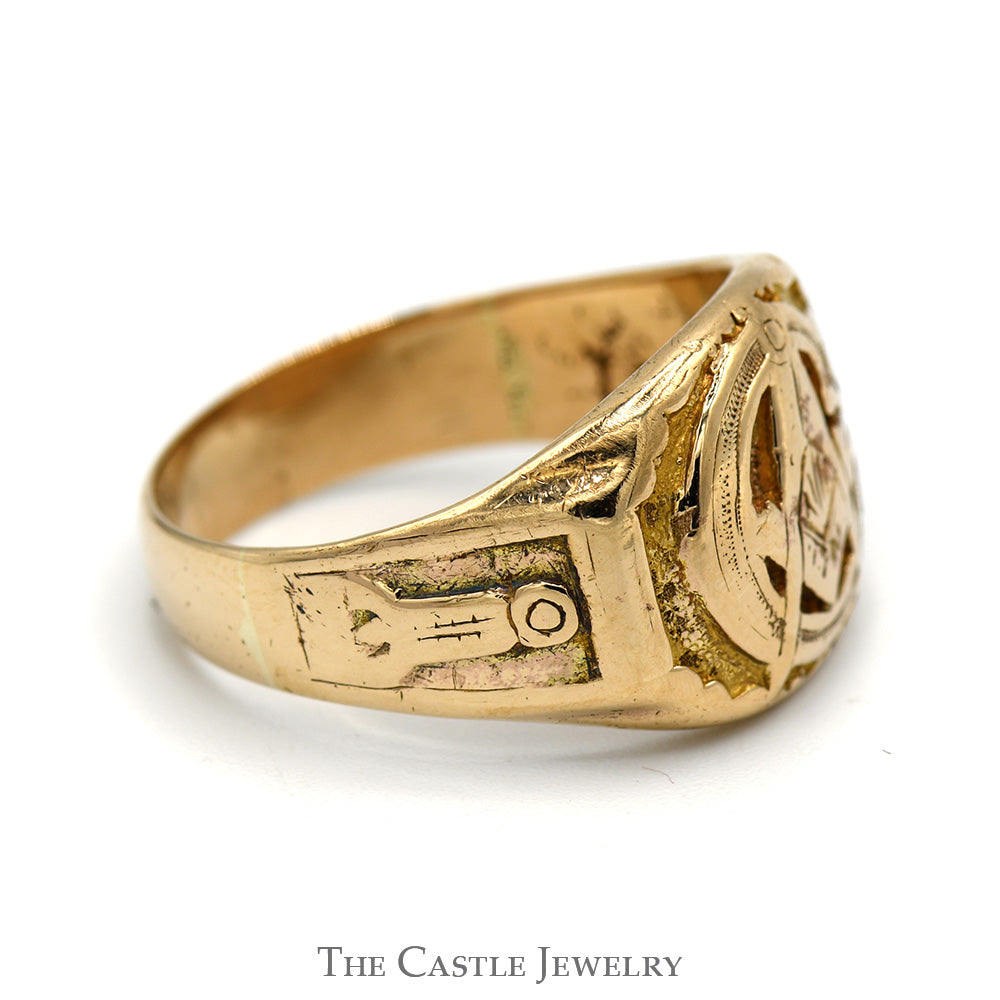 10k Yellow Gold Square & Compass Masonic Ring with Plumb & Trowel Sides