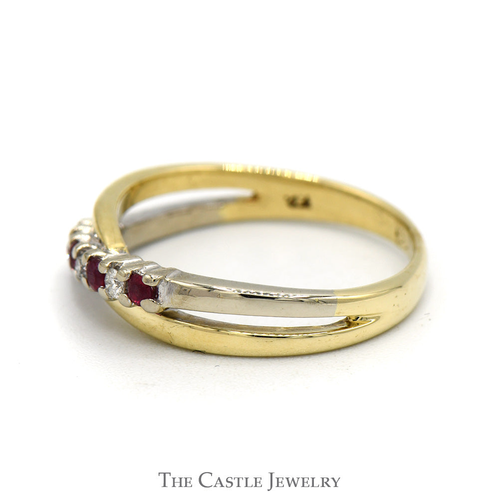 Round Ruby & Diamond Two Tone Crossover Band in 10k Yellow & White Gold