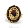 Oval Cut Garnet Shield Ring with Garnet Halo and Open Filigree Design in 10k Yellow Gold - Thumbnail 1