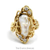 Baroque Pearl Ring with Diamond Accents in 14k Yellow Gold Vine Designed Setting - Thumbnail 1