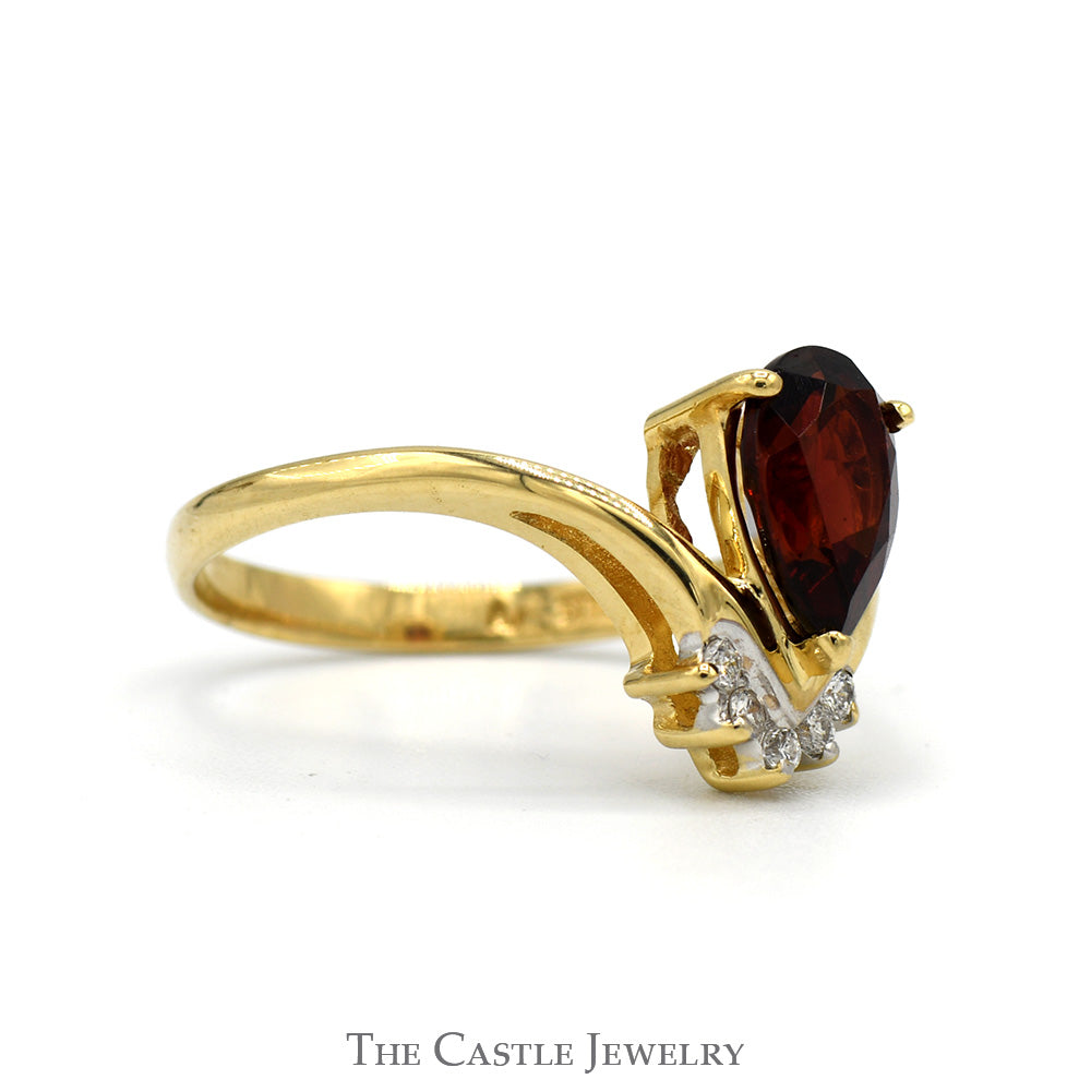 Pear Cut Garnet Ring with Diamond Accents in 14k Yellow Gold "V" Shaped Setting