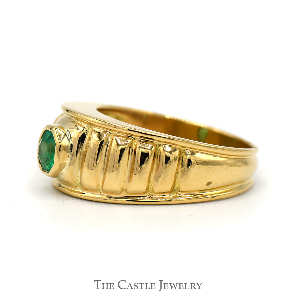 Emerald Solitaire Ring with Grooved Ridged Sides in 18k Yellow Gold