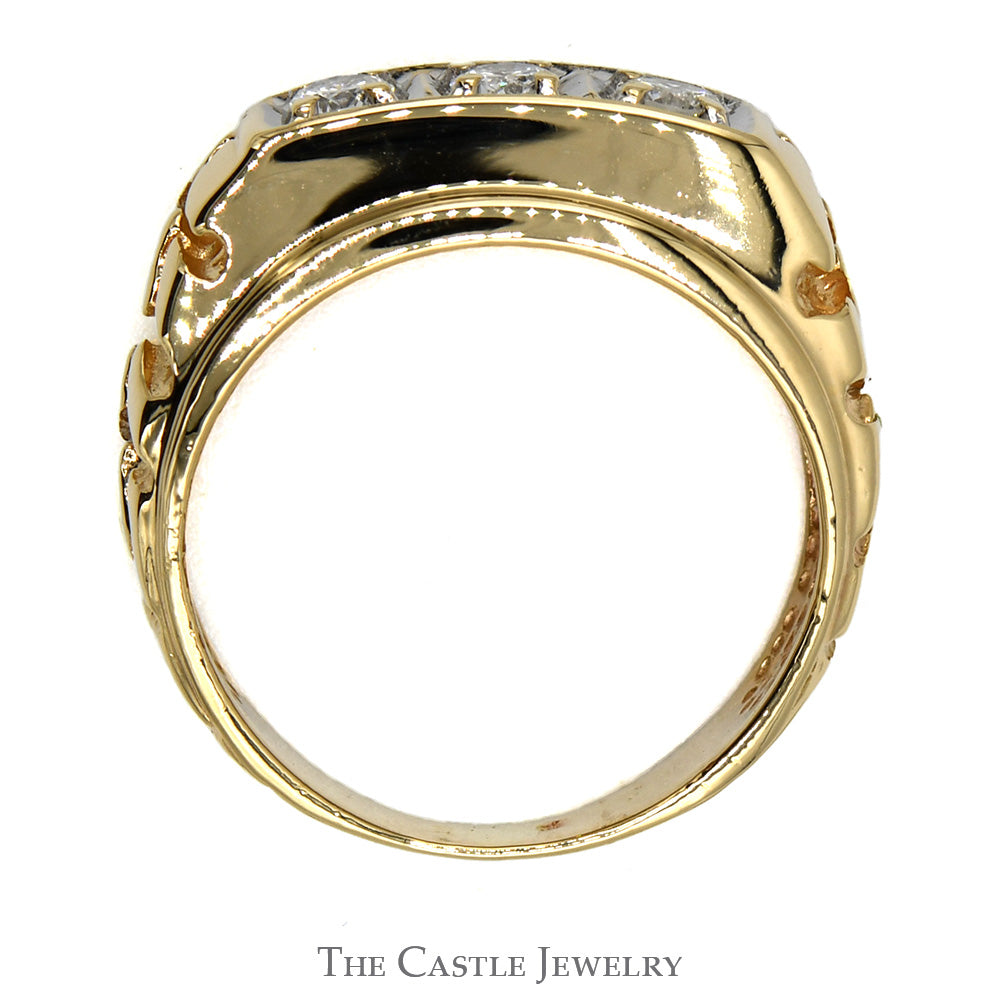 Gents 3 Diamond Ring in 14K Yellow Gold Nugget Mounting