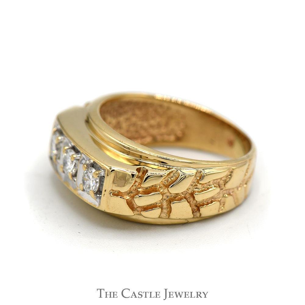 Gents 3 Diamond Ring in 14K Yellow Gold Nugget Mounting – The Castle ...