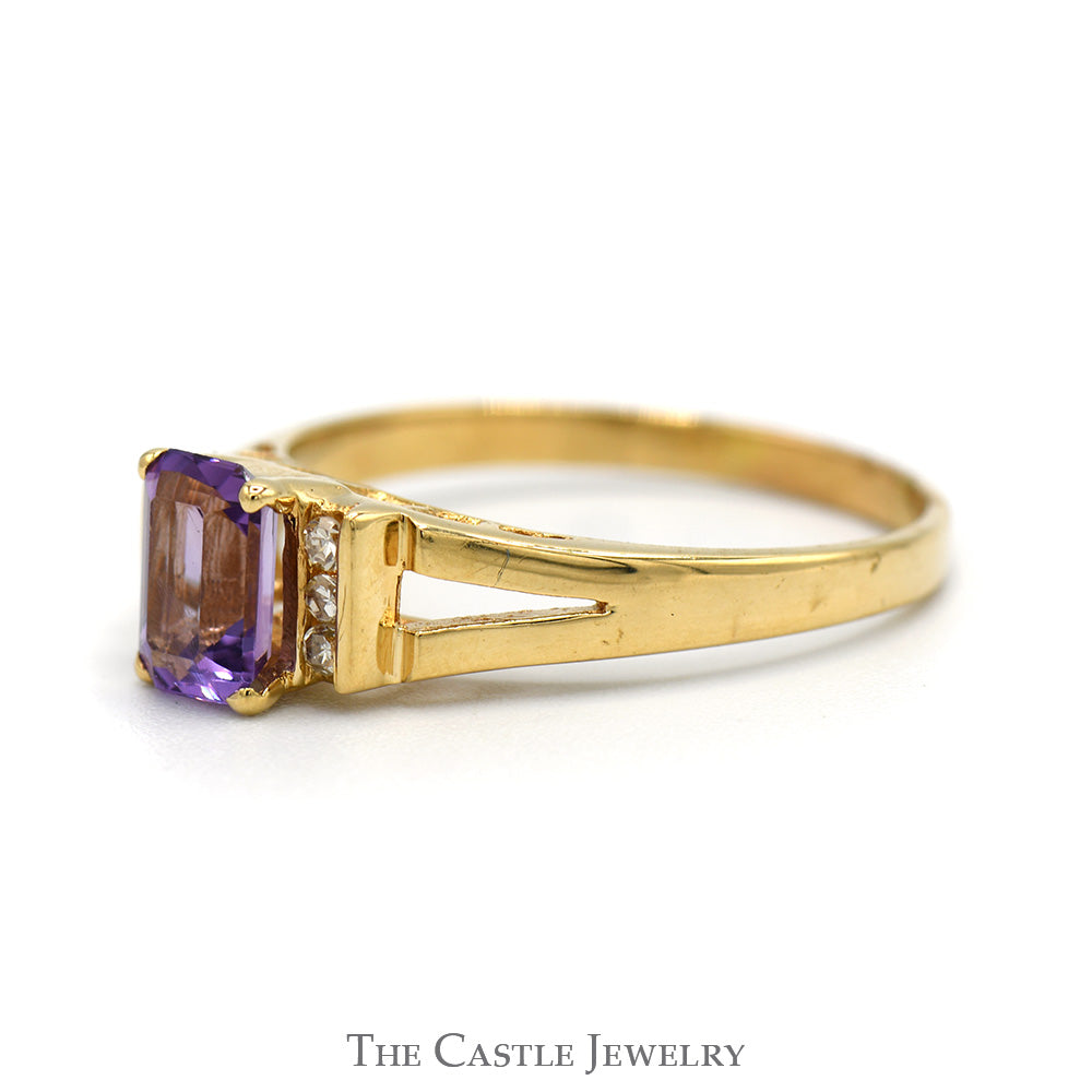 Emerald Cut Amethyst Ring with Channel Set Diamond Accents in 14k Yellow Gold