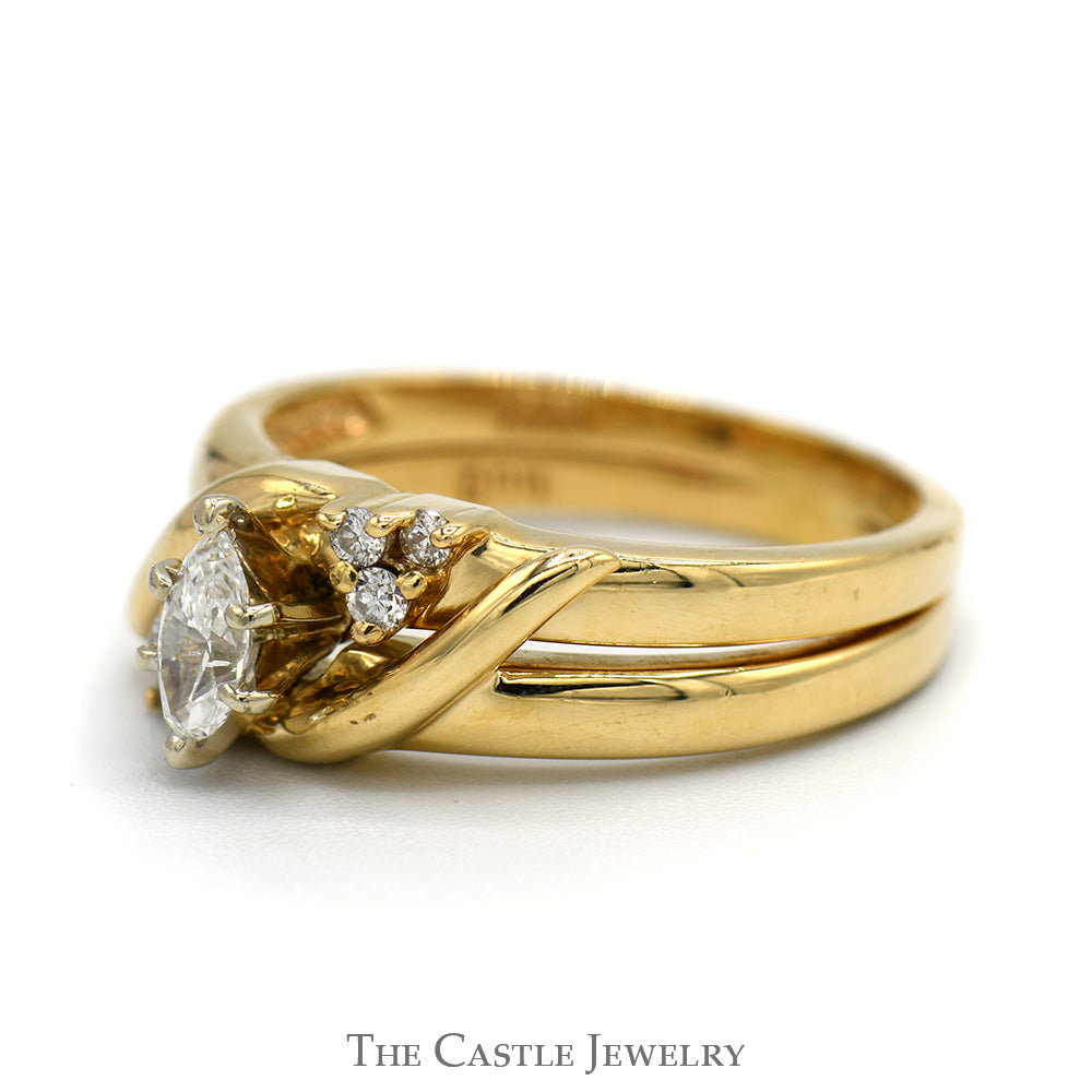 Marquise Cut Diamond Bridal Set with Diamond Accents and Soldered Band in 14k Yellow Gold