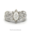 Marquise Cut Diamond Solitaire with Diamond Halo and Baguette Diamond Accented Sides in 14k White Gold - Thumbnail 1