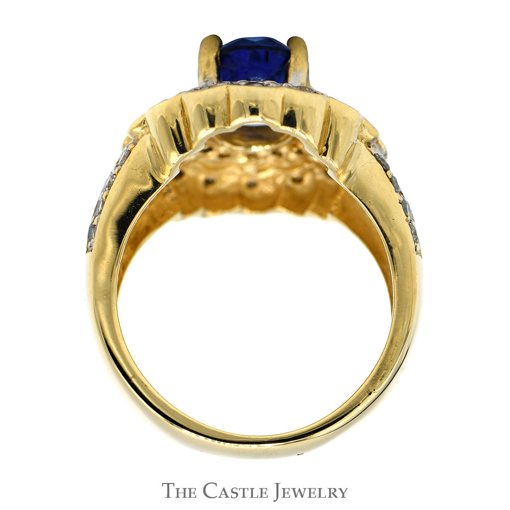 Oval Tanzanite Ring with 3/4cttw Diamond Accented Sides and Halo in 14k Yellow Gold