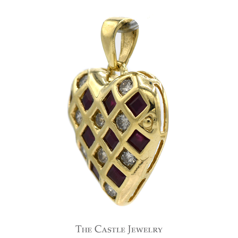 Heart Shaped Ruby and Diamond Cluster Pendant in 14k Yellow Gold