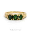Three Stone Round Emerald Ring with Scroll Designed Sides in 14k Yellow Gold - Thumbnail 1
