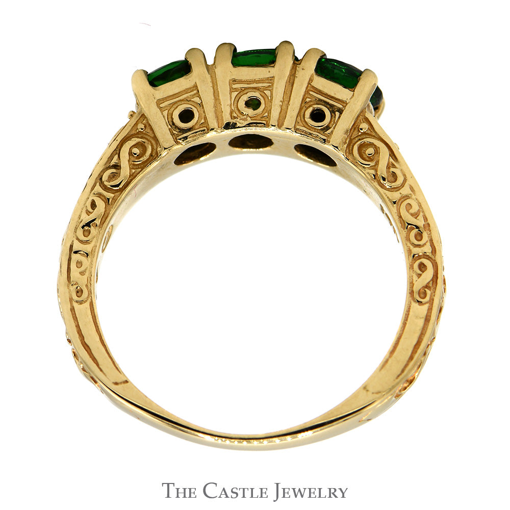 Three Stone Round Emerald Ring with Scroll Designed Sides in 14k Yellow Gold
