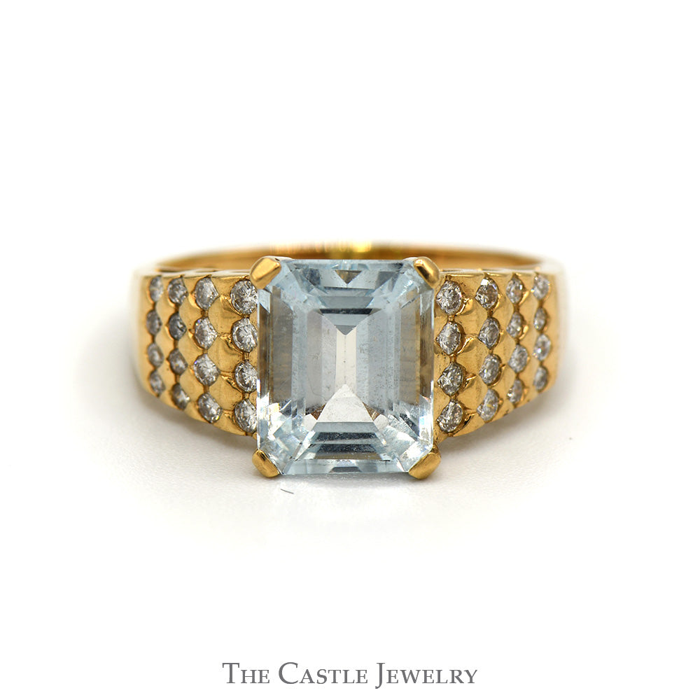 Emerald Cut Aquamarine Ring with Diamond Cluster Sides in 14k Yellow Gold