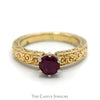 Round Ruby Ring with Floral Scroll Designed Sides in 14k Yellow Gold - Thumbnail 1