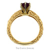 Round Ruby Ring with Floral Scroll Designed Sides in 14k Yellow Gold - Thumbnail 2