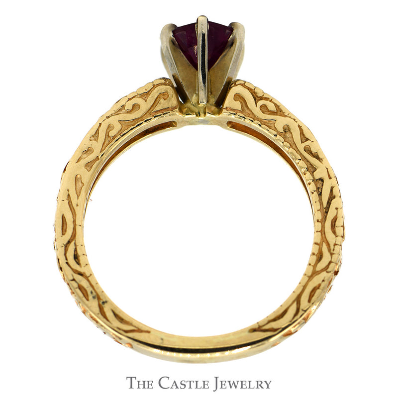 Round Ruby Ring with Floral Scroll Designed Sides in 14k Yellow Gold