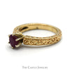 Round Ruby Ring with Floral Scroll Designed Sides in 14k Yellow Gold - Thumbnail 3