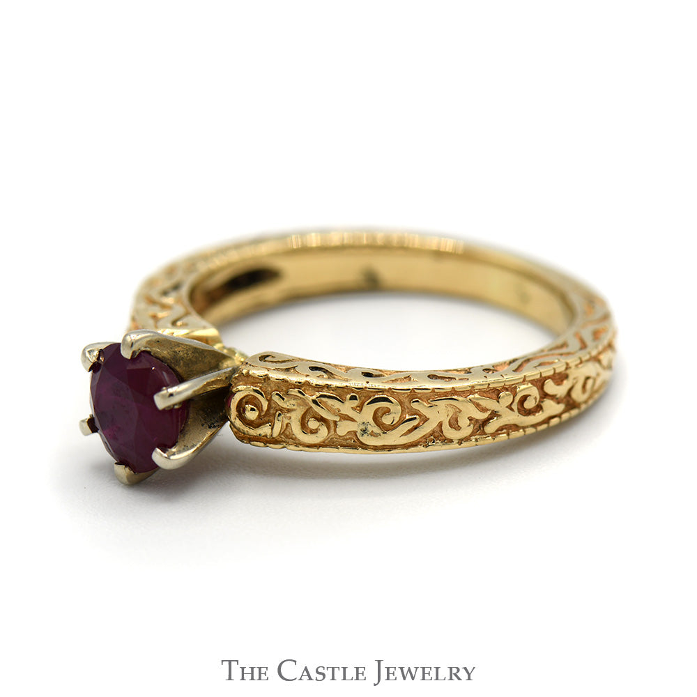Round Ruby Ring with Floral Scroll Designed Sides in 14k Yellow Gold