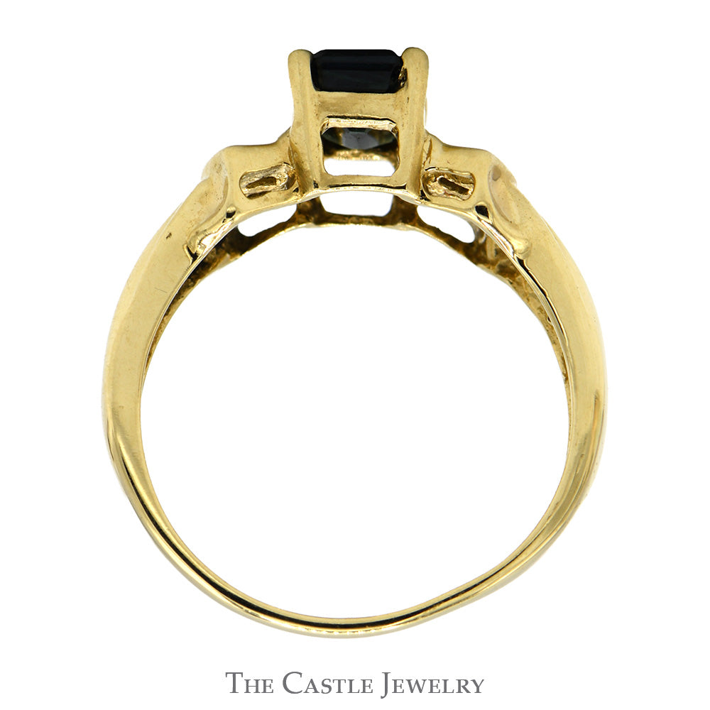 Emerald Cut Sapphire Ring with Channel Set Baguette & Round Diamond Accents in 14k Yellow Gold