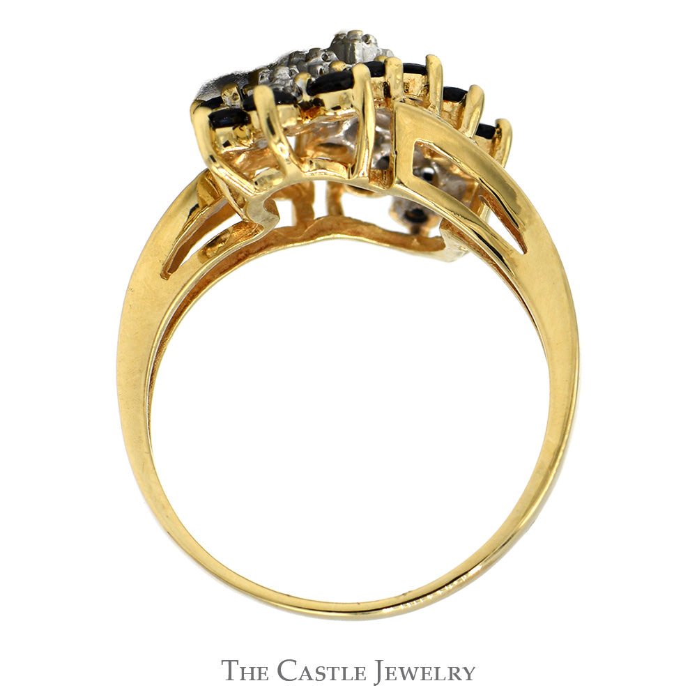 Sapphire & Diamond Waterfall Cluster Ring with Open Filigree Bypass Design in 10k Yellow Gold