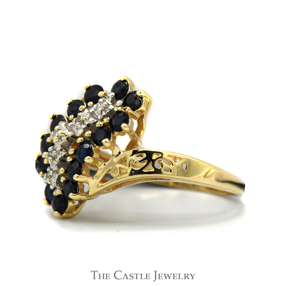 Sapphire & Diamond Waterfall Cluster Ring with Open Filigree Bypass Design in 10k Yellow Gold