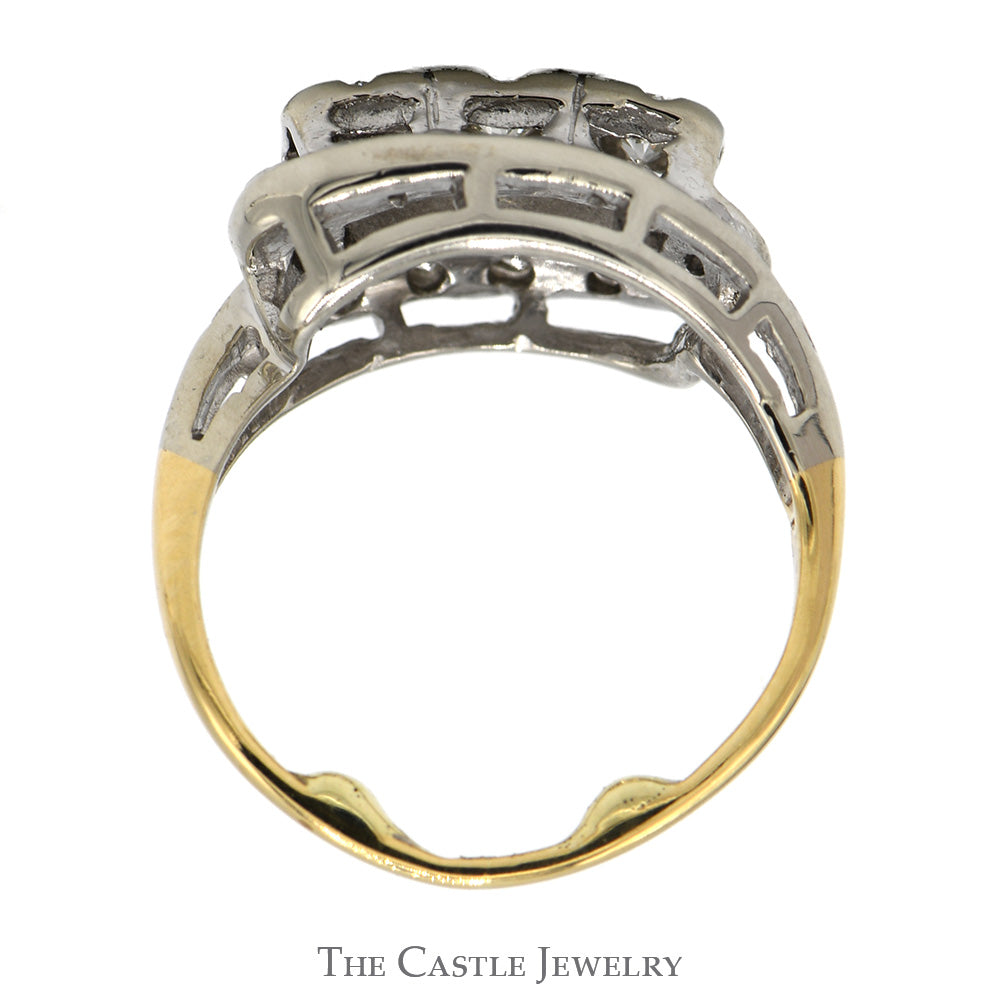 1/2cttw Antique Style 3 Stone Diamond Ring with Diamond Accented Bypass Design in 14k White & Yellow Gold