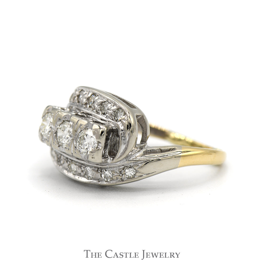 1/2cttw Antique Style 3 Stone Diamond Ring with Diamond Accented Bypass Design in 14k White & Yellow Gold