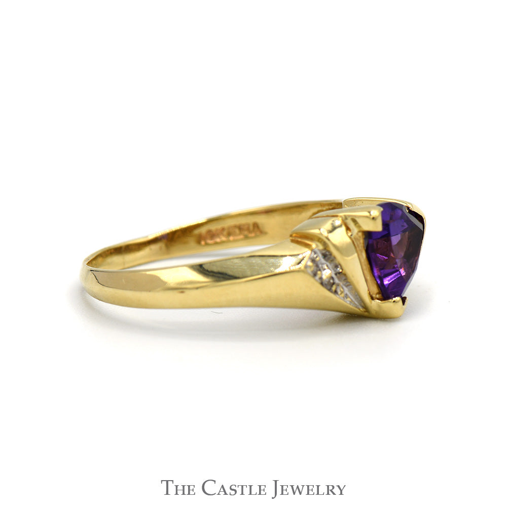 Trillion Cut Amethyst Ring with Illusion Set Diamond Accents in 10k Yellow Gold