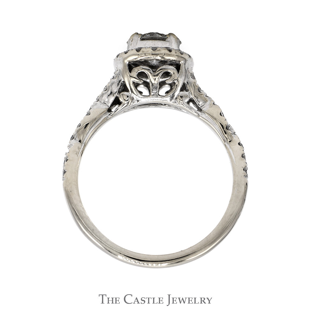 1cttw Oval Shaped Diamond Cluster Engagement Ring with Diamond Halo and Accented Twisted Sides in 14k White Gold