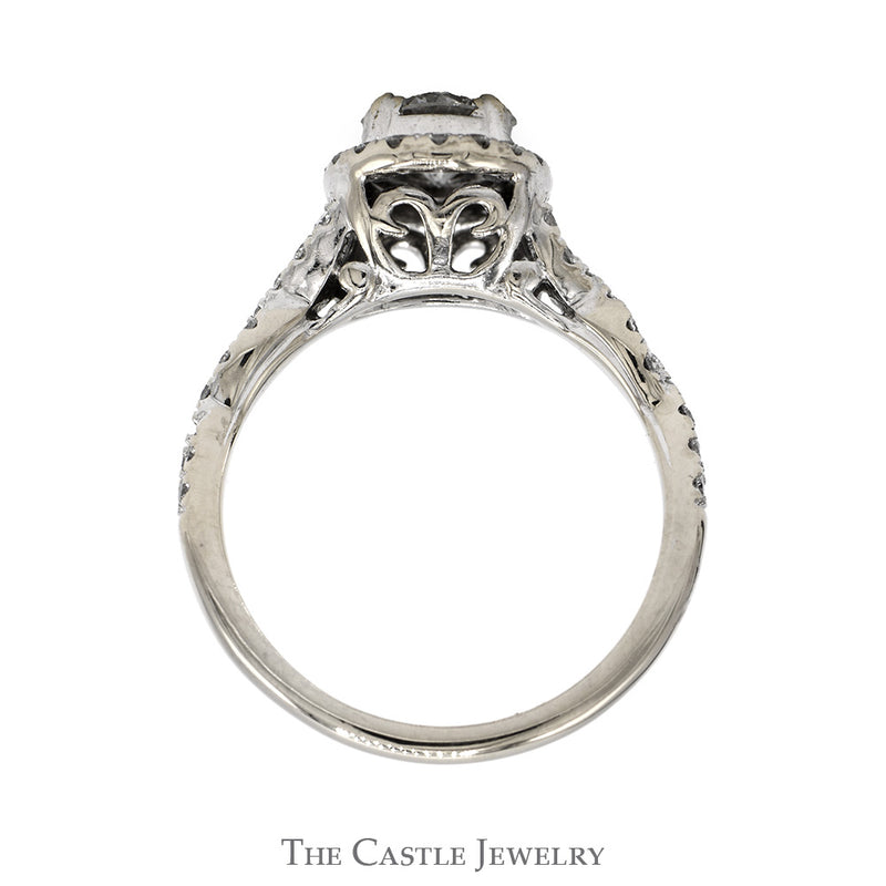 1cttw Oval Shaped Diamond Cluster Engagement Ring with Diamond Halo and Accented Twisted Sides in 14k White Gold