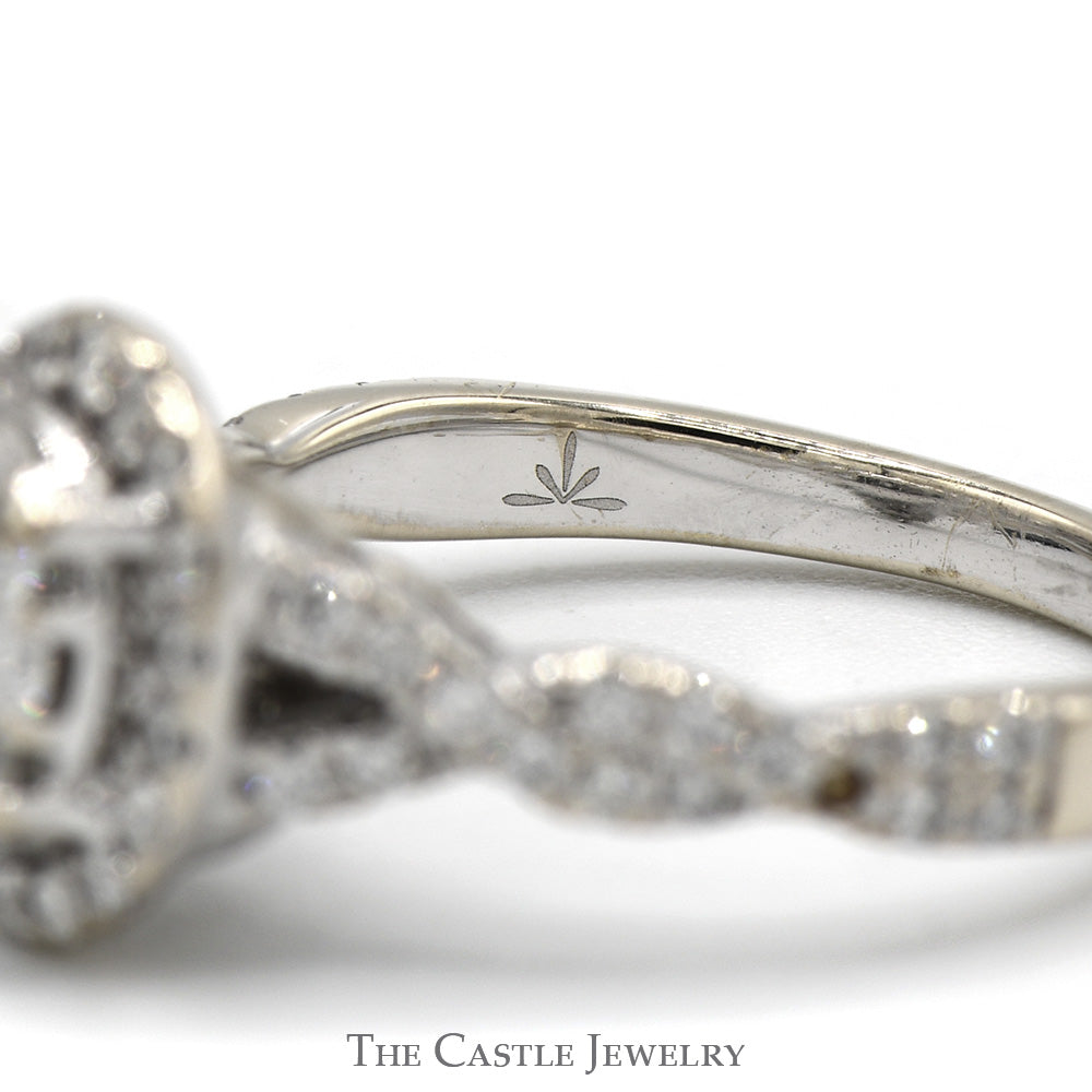 1cttw Oval Shaped Diamond Cluster Engagement Ring with Diamond Halo and Accented Twisted Sides in 14k White Gold