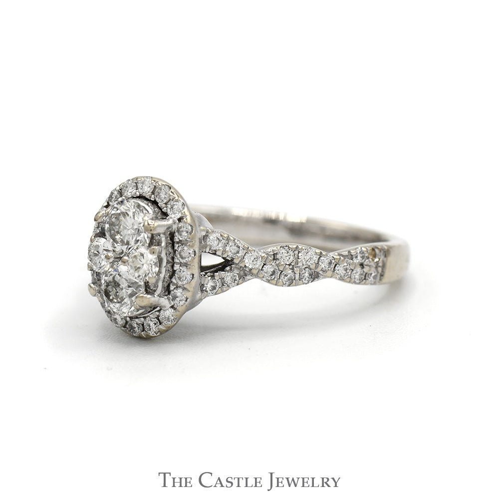 1cttw Oval Shaped Diamond Cluster Engagement Ring with Diamond Halo and Accented Twisted Sides in 14k White Gold