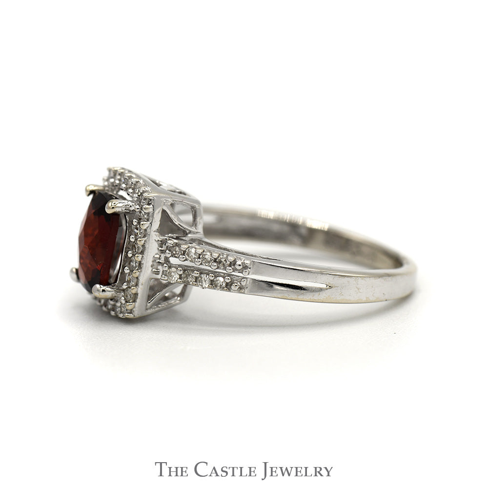 Elongated Cushion Cut Garnet Ring with Diamond Halo and Diamond Accented Sides in 14k White Gold