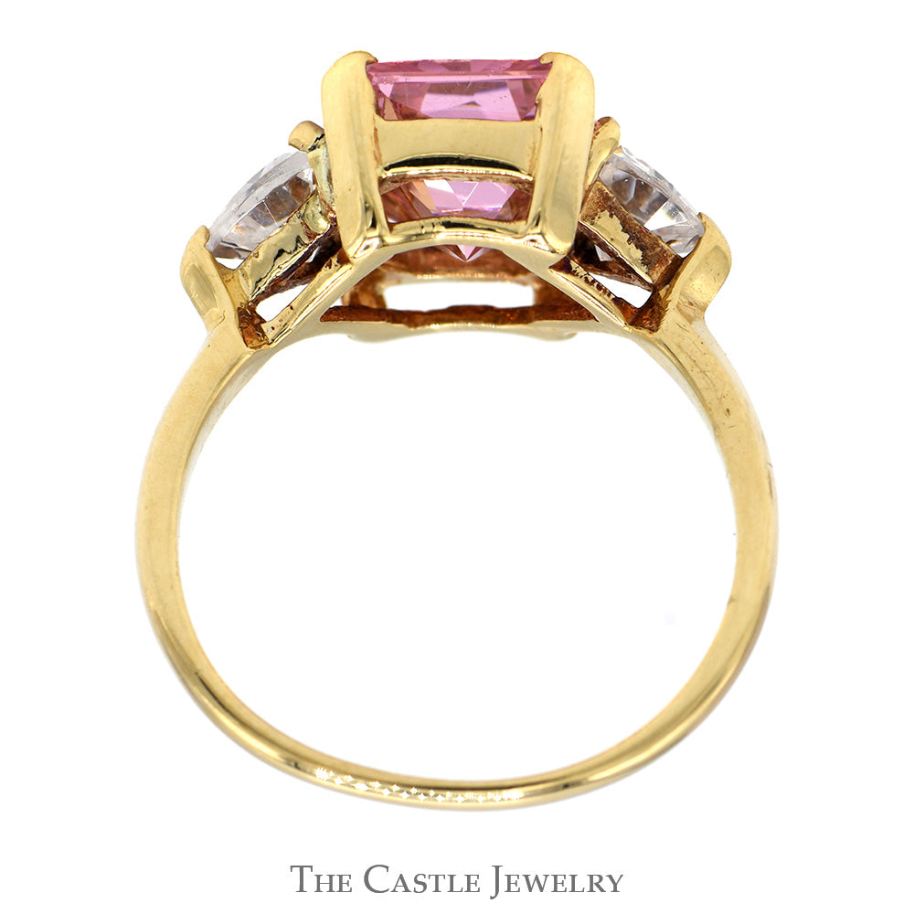 Emerald Cut Pink Ice Ring with Trillion Cut Cubic Zirconia Accents in 10k Yellow Gold