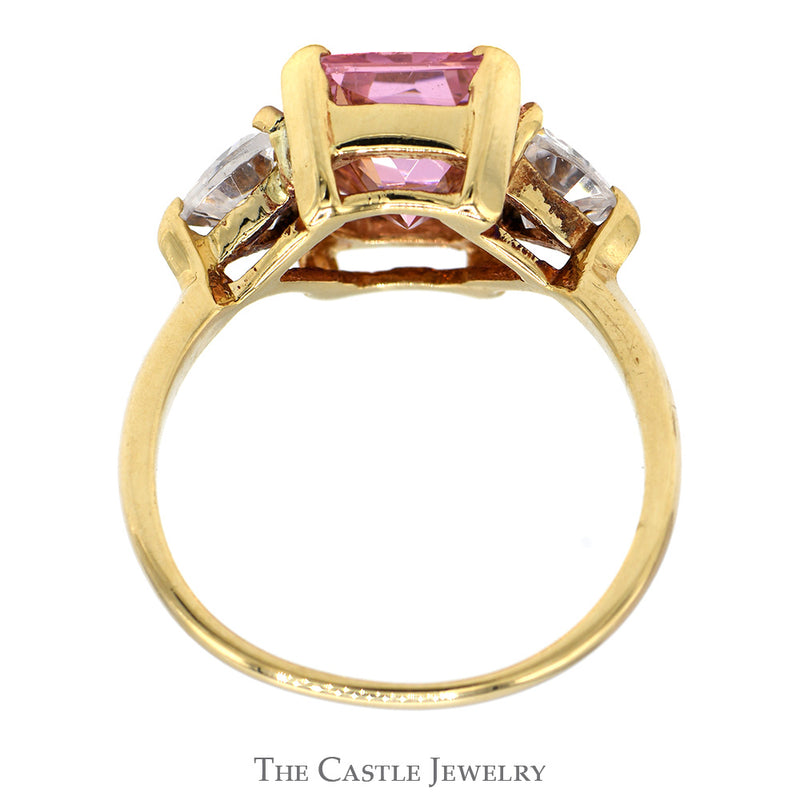 Emerald Cut Pink Ice Ring with Trillion Cut Cubic Zirconia Accents in 10k Yellow Gold
