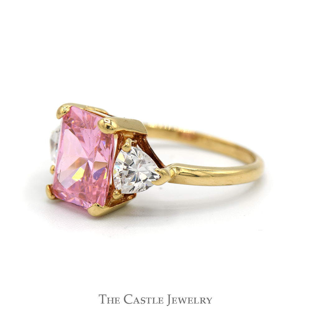 Emerald Cut Pink Ice Ring with Trillion Cut Cubic Zirconia Accents in 10k Yellow Gold