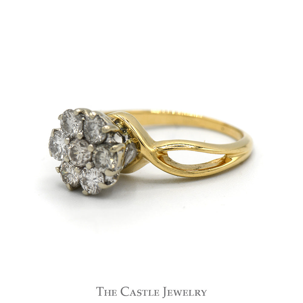 Round 7 Diamond Cluster Ring with Open Sides in 14k Yellow Gold