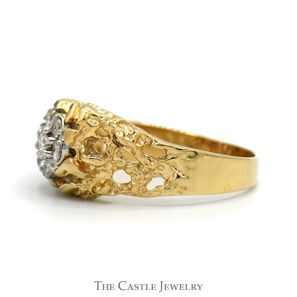 Round 7 Diamond Cluster Ring with Open Nugget Designed Sides in 14k Yellow Gold