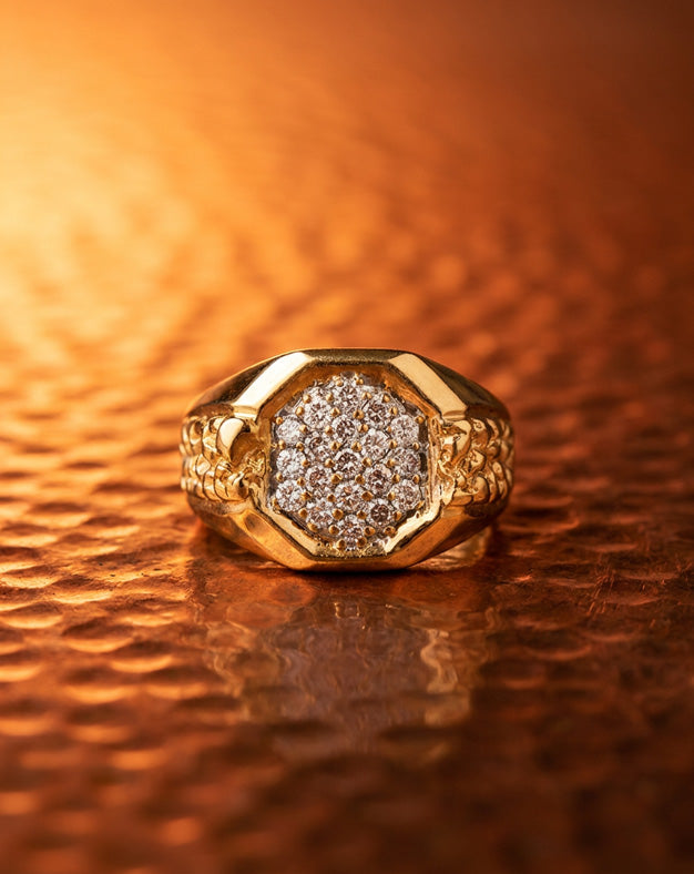 Men's 0.75cttw Octagonal Diamond Cluster Ring with Nugget Sides in 10k Yellow Gold