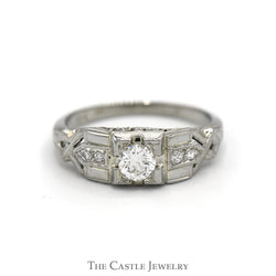 Antique Style Round Diamond Ring with Diamond Accents in 18k White Gold