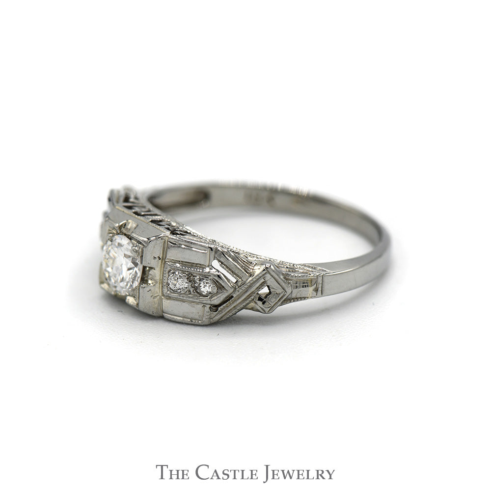 Antique Style Round Diamond Ring with Diamond Accents in 18k White Gold