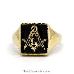 Black Enamel Masonic Square & Compass Signet Ring in 10k Yellow Gold