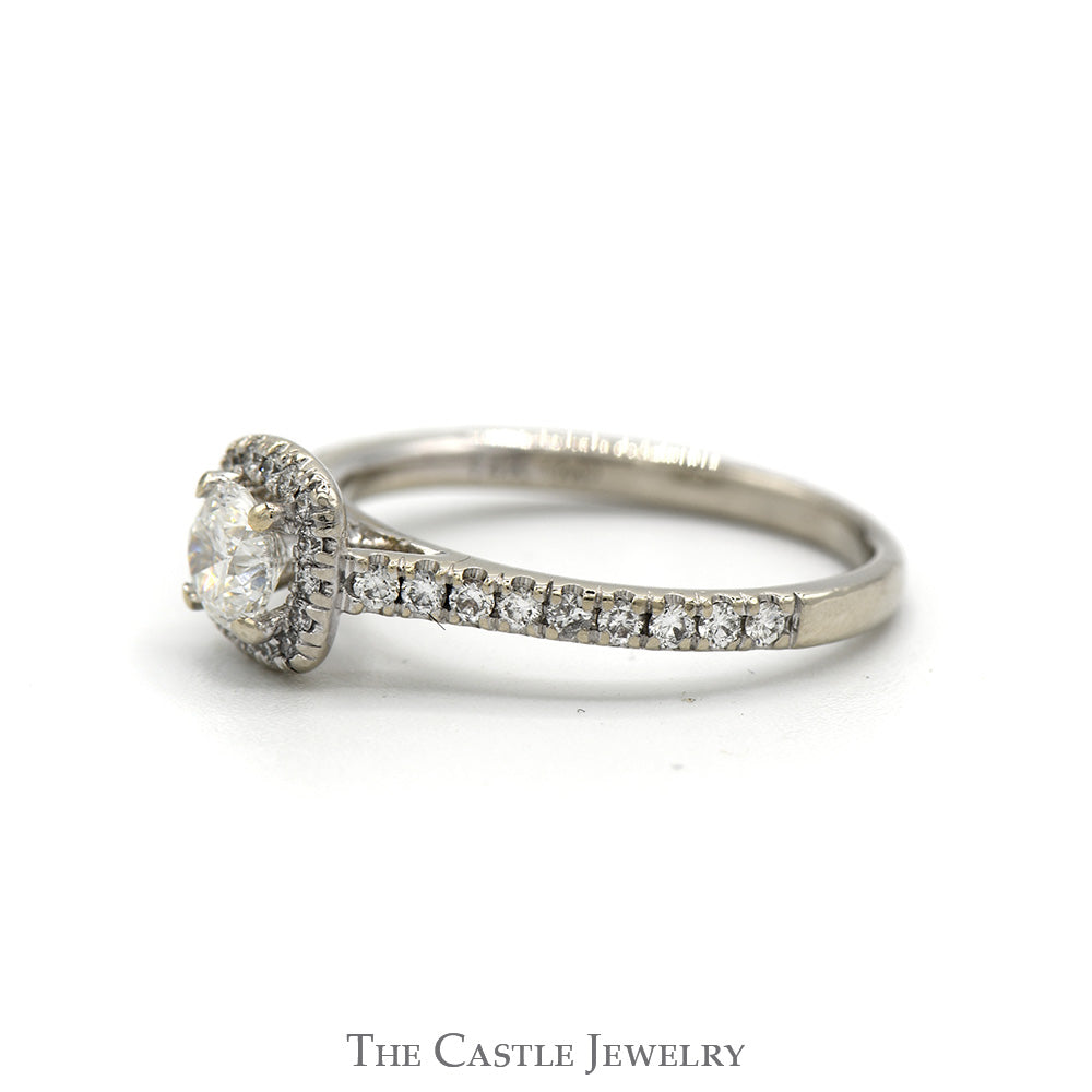 Round Diamond Engagement Ring with Diamond Halo and Diamond Accented Sides in 14k White Gold