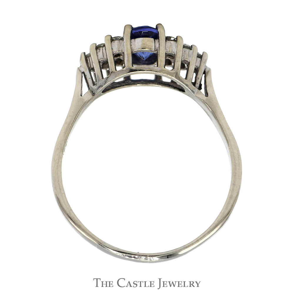 Oval Cut Tanzanite Ring with Diamond Cluster Accented Sides in 14k White Gold