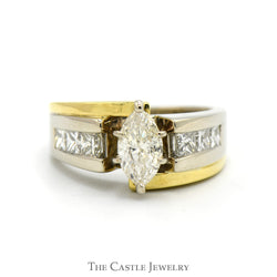Marquise Cut Diamond Engagement Ring with Princess Cut Diamond Accents in Two Tone 18k White & Yellow Gold