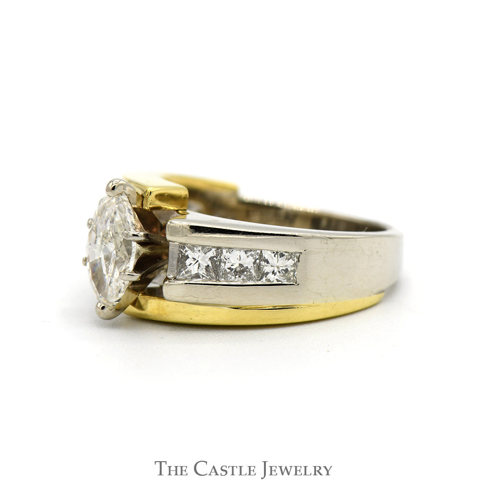Marquise Cut Diamond Engagement Ring with Princess Cut Diamond Accents in Two Tone 18k White & Yellow Gold