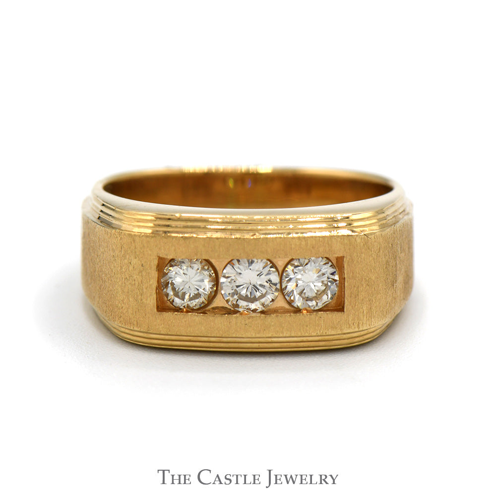 Men's Three Round Diamond Ring with Brushed Texture in 14k Yellow Gold