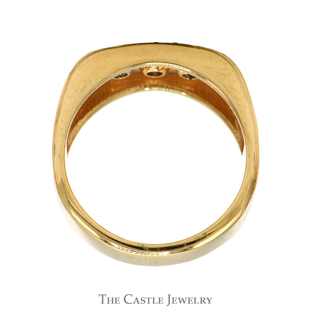 Men's Three Round Diamond Ring with Brushed Texture in 14k Yellow Gold