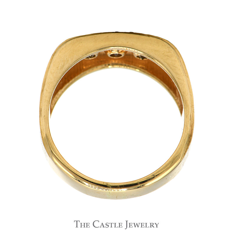 Men's Three Round Diamond Ring with Brushed Texture in 14k Yellow Gold